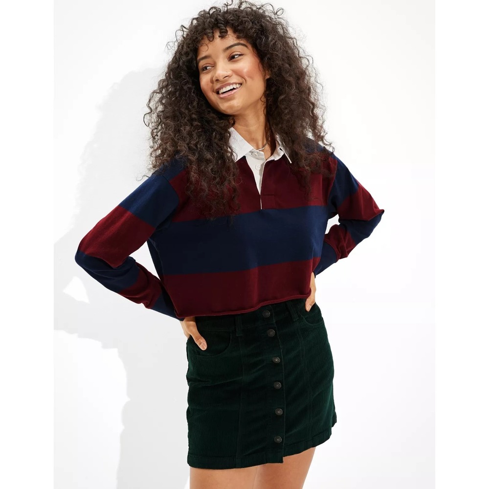 AMERICAN‎ EAGLE 12 Green Corduroy Mini Skirt Super Hi-Rise A-Line Button Front